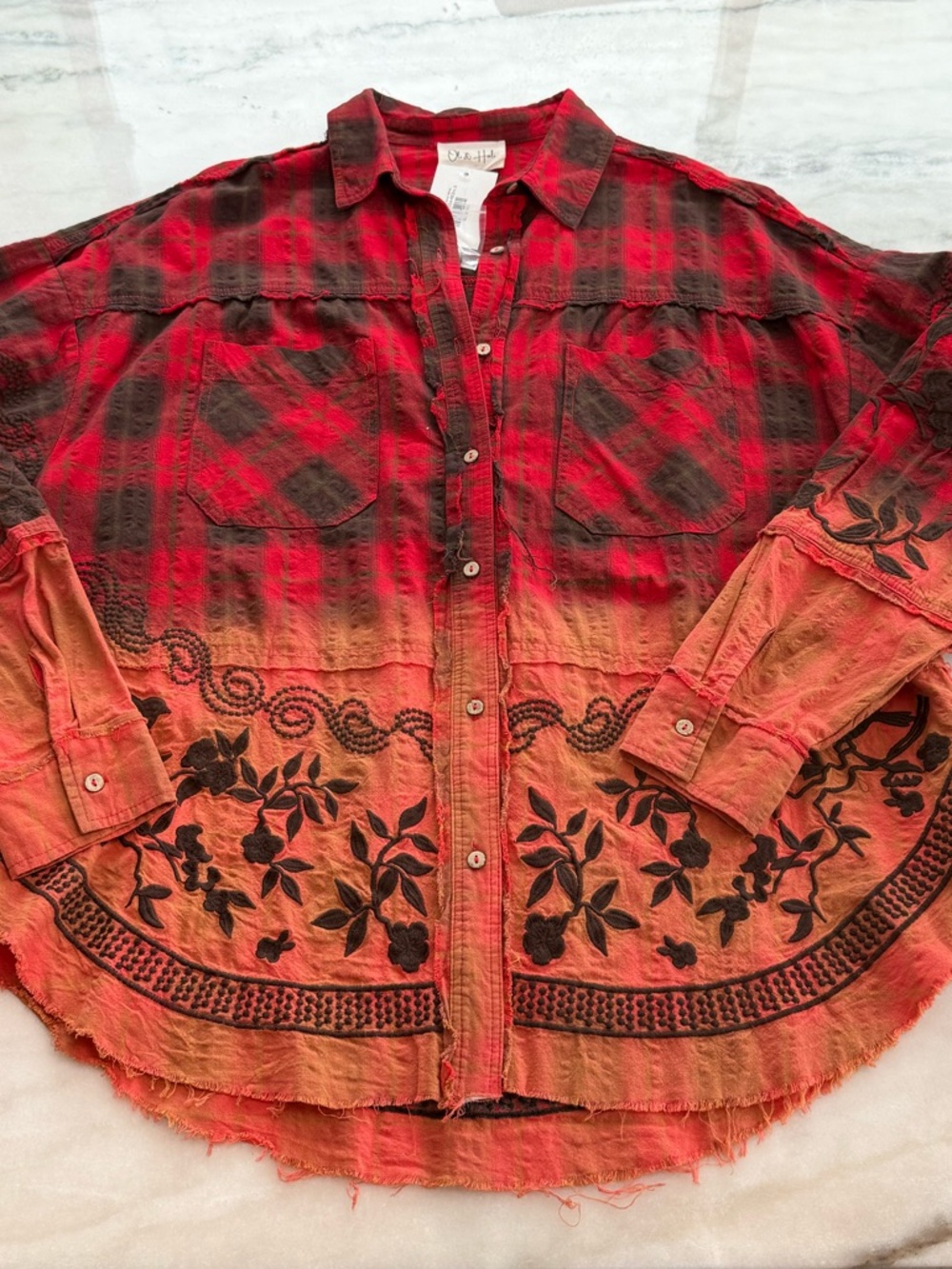 Oli & Hali Mineral Washed Plaid Embroidered Shirt Relaxed Cotton Women Size L - Picture 11 of 16